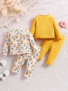 SHEIN 4 Stücke Set Neugeborenes Baby Mädchen Blümchen Gestricktes Langarm-Top & Hose mit Gummibund, geeignet für Herbst/Winter