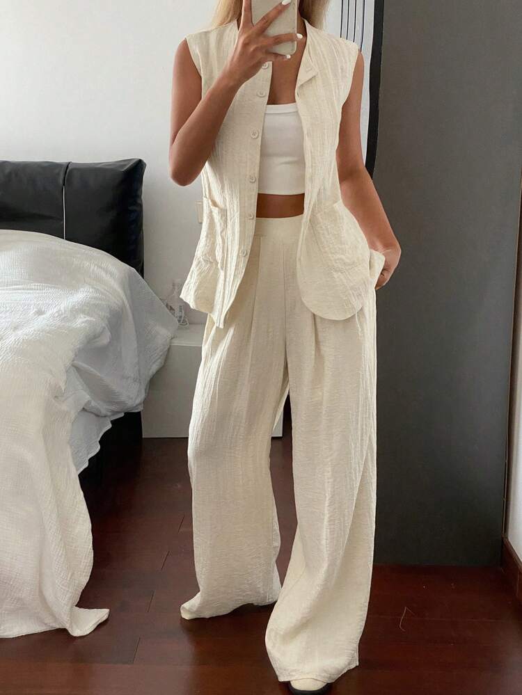Women's Summer Vintage Coin Design Vest And Minimalist Loose Pants 2 Pieces Suit, Business Casual Linen