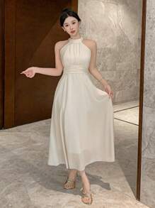 DAZY Solid Color Halter Tie Neck Midi Dress For Women Wedding Women Dresses Prom Dress