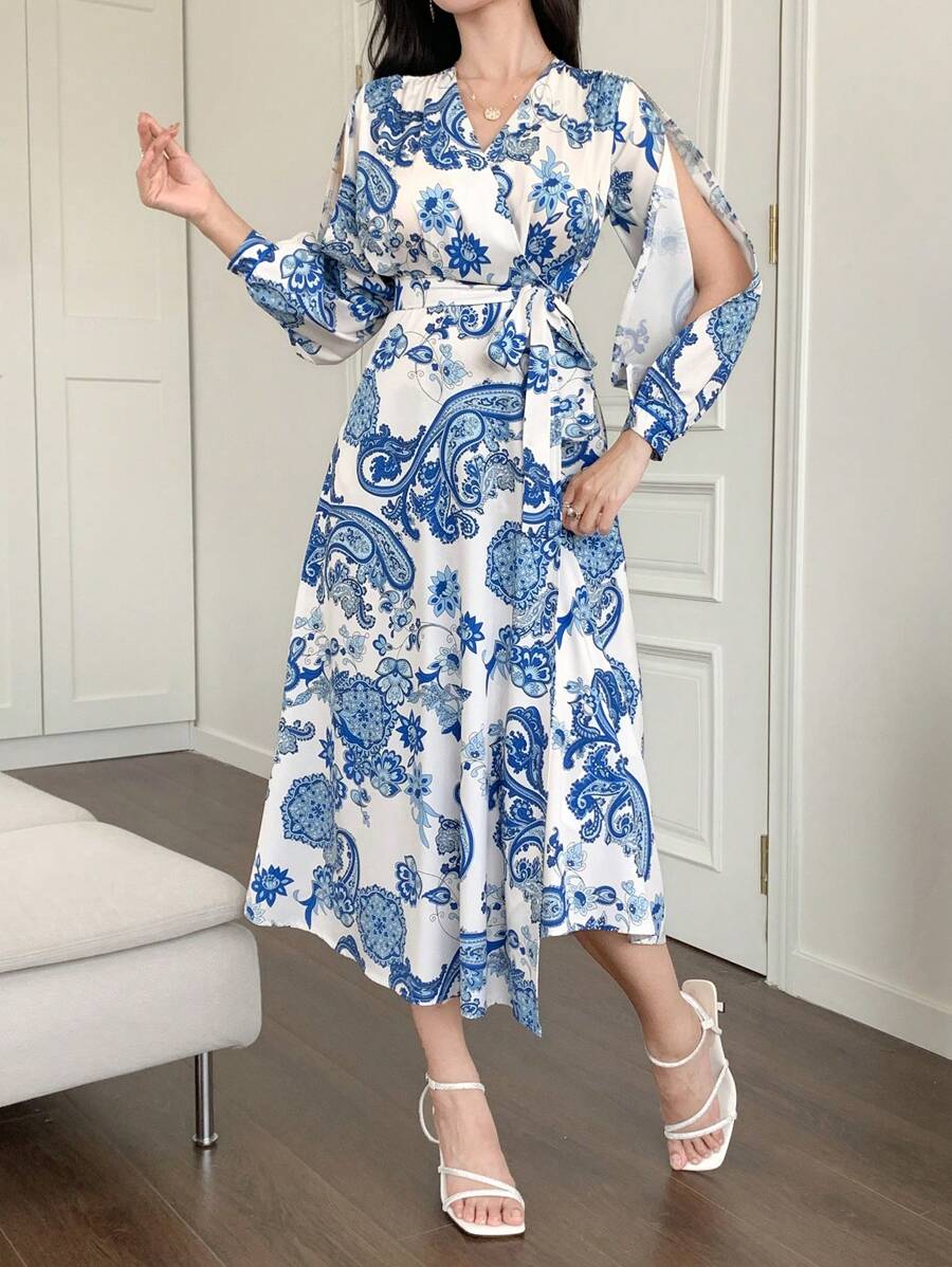 DAZY 女士优雅花卉V领中长连衣裙，春夏