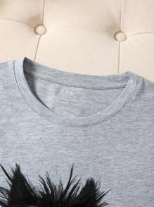 INAWLY Letter & Cartoon Print Round Neck Short Sleeve T-Shirt, Suitable For Summer - Light Grey - View 3