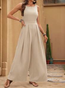 EMERY ROSE Women's Summer Minimalist Solid Color Pleated Loose Jumpsuit - Apricot - View 9