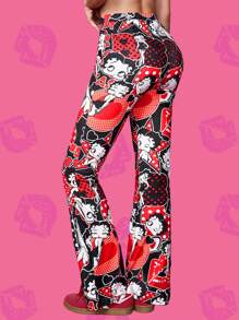 Betty Boop x SHEIN 女士心形和波尔卡圆点印花复古卡通人物图案休闲黑色喇叭裤紧身裤，百搭，日常，夏季 - 黑色 - 查看 5