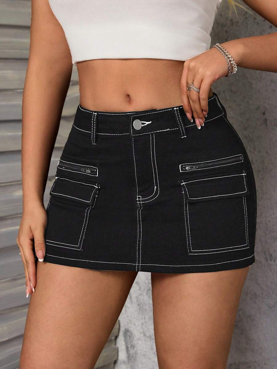 SHEIN SXY Black Denim Mini Skirt, Summer New Fashion Sexy Stretchy Bodycon Slim Pocket Straight Skirt - Black - View 1