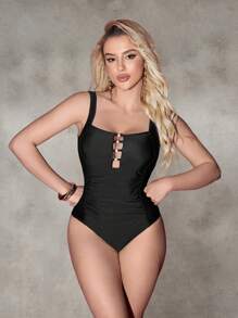 Shapewave Beach Summer Outfits For Women, One-Piece Shaping Swimsuit With Front Center Hollowing Squared Neckline Design - Black - View 6