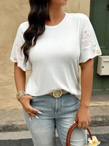 Calvaya Plus Size Summer Casual Floral Embroidered Round Neck Short Sleeve T-Shirt - White - View 5