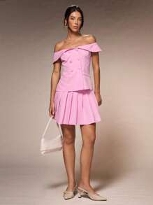 SHEIN Glamour Conjunto de 2 piezas para mujer: blusa hombros descubiertos con botones doble botonadura y falda plisada, elegante conjunto para oficina - Rosa - Ver 4