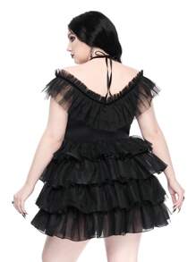 ROMWE Goth 大码女式夏季服装，优雅万圣节哥特式梦幻分层网眼荷叶边 V 领系腰连衣裙 - 黑色 - 查看 6