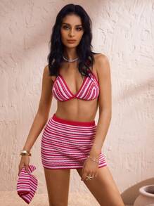 SHEIN Swim 3 pièces Set Nouveau Costume Rayé D'été Jeune Dame à Nouer, Couvre-Tout Femme - Rose bonbon - Voir 2