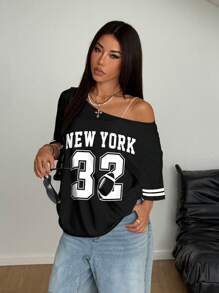 INAWLY Solva American Sports Style Black And White Color Matching Slant Shoulder New York English Plus Numbers Rugby Women's T-Shirt - Multicolor - View 3
