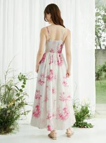 SHEIN LUNE 女士休闲花卉印花褶皱无袖连衣裙，适合通勤 - 粉色 - 查看 2