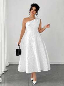Elenzga Plus Size Solid Color Flower Applique Asymmetric Collar Sleeveless Dress - White - View 5
