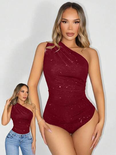 Sirith Solid Color Draped Asymmetric Collar Elegant Sleeveless Bodysuit