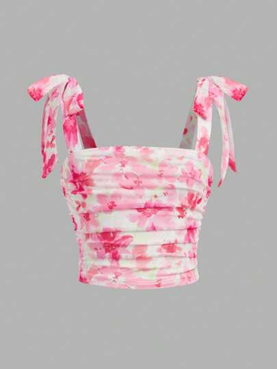 SHEIN Leap Crew 女童花卉印花蝴蝶结肩带侧褶吊带背心