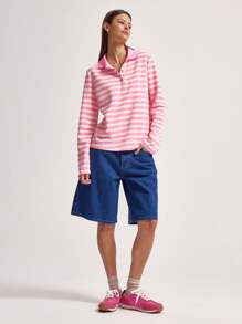 MUSERA Sudadera de manga larga con cuello polo, corte holgado, estampado de rayas, estilo callejero, ideal para primavera, viajes y aeropuerto, linda