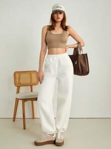 SHEIN PETITE Solid Elastic Waist Sweatpants - White - View 3