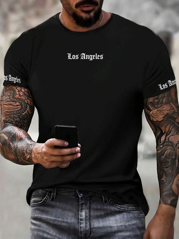 Manfinity LEGND Tricou cu mânecă scurtă cu gât rotund, casual, cu litere, vară