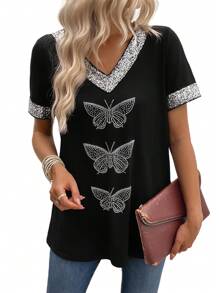 EMERY ROSE Maglietta casual da donna a maniche corte con scollo a V, con paillettes, stampa con farfalle e strass, vestibilità morbida, adatta per primavera/estate
