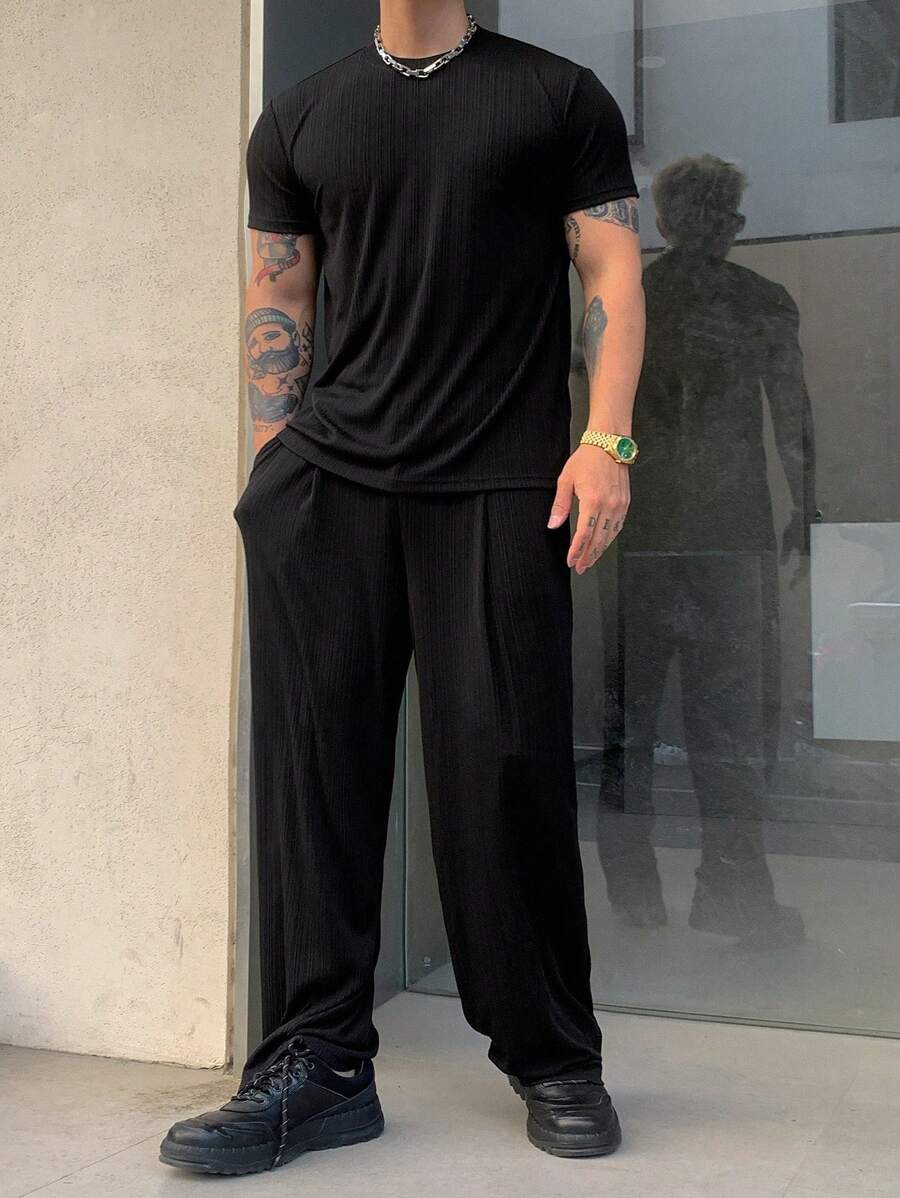 DAZY Men's Solid Black T-Shirt Set For Spring & Summer - Black - View 1