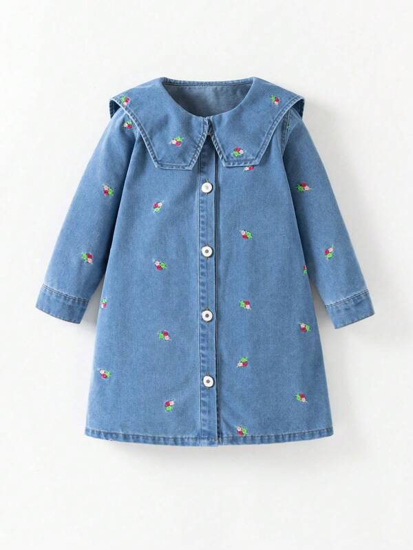 Young Girl' Cute Embroidered Denim Dress