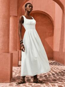 Maija 白色条纹刺绣面料 A 字型收腰长裙，时尚设计风格海滩度假装，迷人廓形 - 白色 - 查看 4