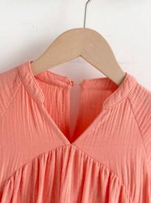 SHEIN Young Girls V-Neck Tassel Pleated Puff Sleeve Loose Blouse, Casual Style Mori Girl Dress - Coral Pink - View 7