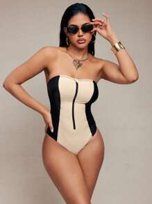 SHEIN Swim 收腹泳衣，配有交叉后肩带和前拉链 - 杏色 - 查看 7