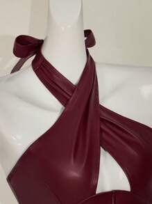 SHEIN ICON Women's Burgundy PU Leather Halter Criss Cross Crop Top: Asymmetrical Hem, Stylish And Edgy Cami For A Night Out