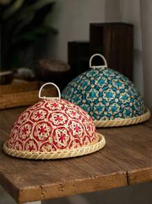 1 pieza Cesta tejida a mano de ratán para frutas/pan talla grande vendida para la celebración del Eid Al-Adha y el Ramadán, con tapa, bandeja de almacenamiento de alimentos transpirable, estilo bohemio para la sala de estar, oficina, comedor, picnic al aire libre, diseño bohemio de lujo y ligero.