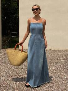 Livesso Vestido largo estilo slip de mujer en tejido vaquero desgastado y lavado