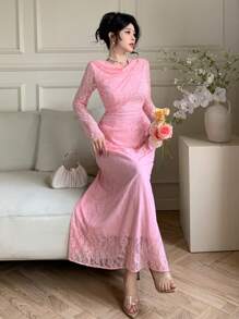 Modelyn Elegantes Kleid im französischen Stil für Damen mit geraffter Spitze, langen Ärmeln und raffender Taille, schmeichelhaft