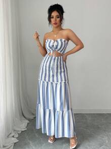 Elenzga Vestido de fiesta elegante de verano 2025 con escote cruzado de rayas, vestido deslizable con cintura anudada y sin tirantes, vestido versátil y sexy adecuado para citas, salidas, vacaciones, bodas, fiestas, carnavales, Pascua, festivales de música, festivales de cerveza