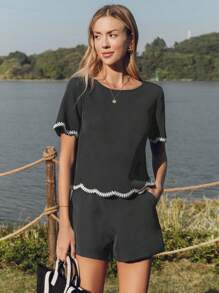 SHEIN LUNE Nueva camisa de primavera negra elegante, minimalista, informal, de oficina, para trabajo o de maestra, camisa de moda de manga corta