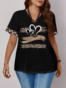 EMERY ROSE Plus Size Women's Casual Leopard And Heart Printed Loose Short Sleeve T-Shirt, Suitable For Summer