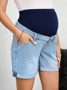 SHEIN Maternity Contrast Color Adjustable Waist Casual Denim Shorts - Light Wash - View 6