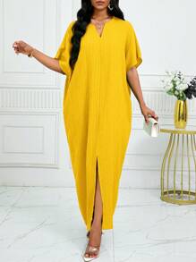 SHEIN Lady 女式纯色 V 领蝙蝠袖短袖开衩宽松休闲连衣裙 - 黃色 - 查看 6