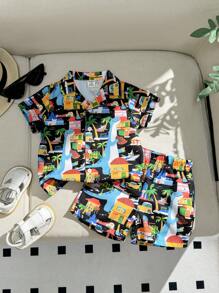 Boys' Hawaiian Floral Shirt And Shorts Set, Beach Resort Summer Outfit For Kids