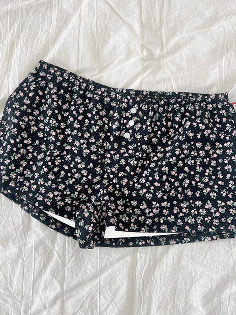 SHEIN Women's Black Ditsy Floral Elastic Waist 3-Button Casual & Lounge Shorts - Multicolor - View 1