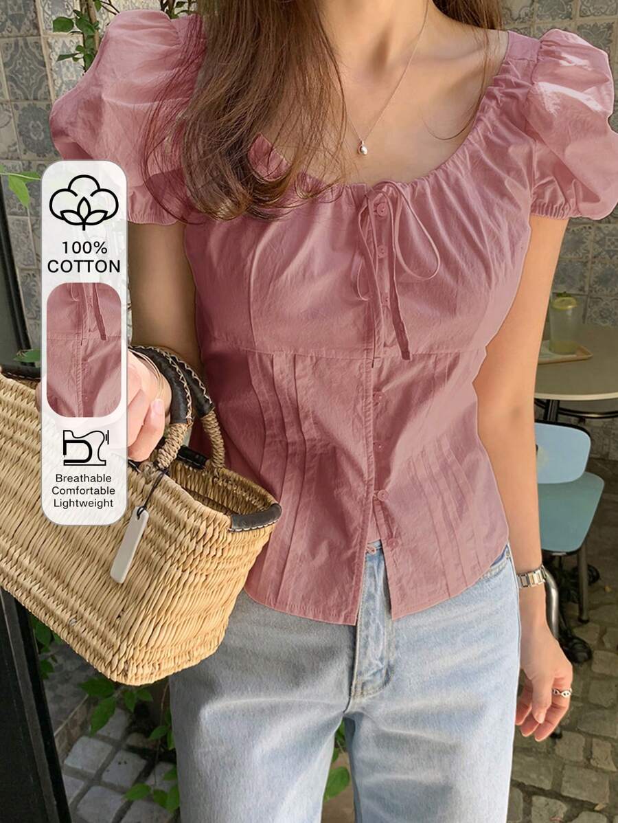 DAZY Women's Solid Color Form-Fitting Belted Puff Sleeve Form-Fitting Short Sleeve Blouse, Pink, Spring/Summer - Hot Pink - View 1