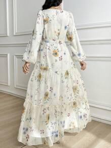 Modelyn Women's Elegant Floral Print Chiffon Dress With Self-Tie Waist, Spring/Summer