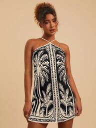 Travachic Vestido Mini Halter Estampado Tecido para Mulheres