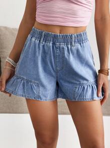 Breezaya Women's Elastic Waist Pleated Casual Loose Versatile Denim Shorts - Blue - View 3