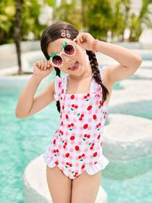 SHEIN Girls' One-Piece Swimsuit With Cherry & Strawberry Print And Ruffle Hem - Red and White - View 5