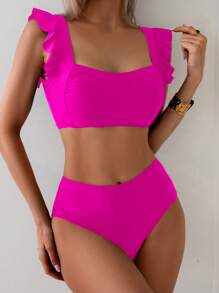 Swim Lushoire Women's Patterned Tankini Bikini Set Set, Square Neck Ruffle Strap Solid Color Swimwear Set For Summer Beach Vacation - Hot Pink - View 5
