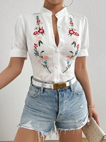Pariaura 女式短袖单排扣休闲花卉刺绣衬衫 - 白色 - 查看 5