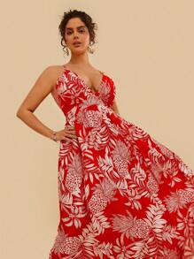 Travachic 大码波西米亚风热带印花细肩带露背连衣裙，度假，夏季 - 紅白色 - 查看 1