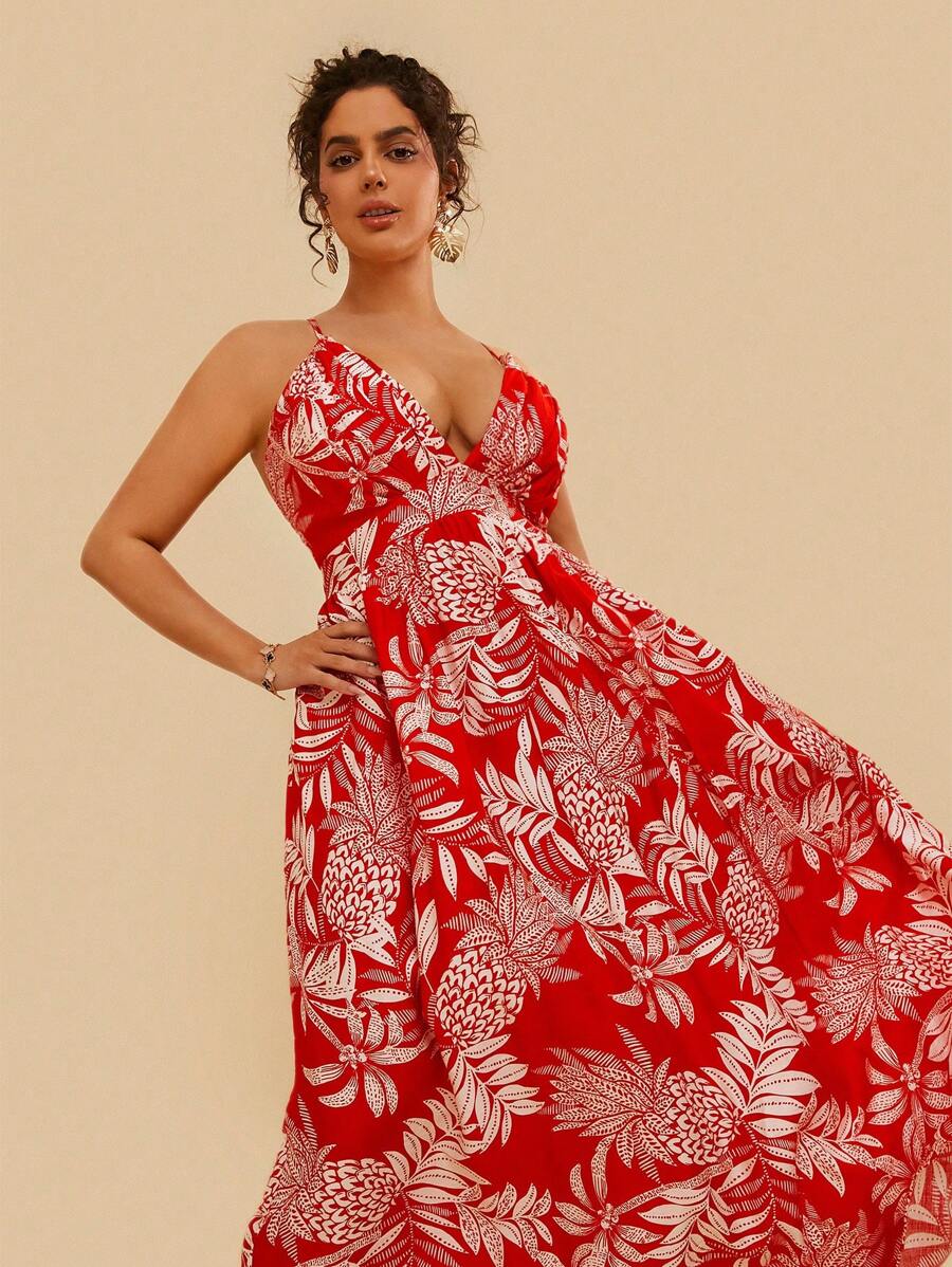 Travachic 大码波西米亚风热带印花细肩带露背连衣裙，度假，夏季 - 紅白色 - 查看 1