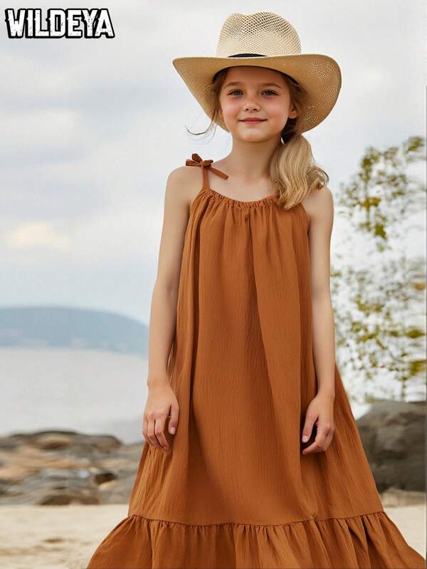 WESTFADE Young Tween Girls Spring And Summer New Style Wildeya Dresses, Minimalist Bowknot Decor Spaghetti Strap Maxi Dress, Suitable For Outdoor Activities, Daily Events, Vacation, Music Festivals, Parties And Social Occasions