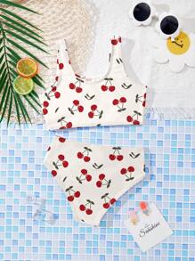Set da bagno minimalista e casual per ragazze con stampa di ciliegie, composto da canotta e slip, adatto per l'estate