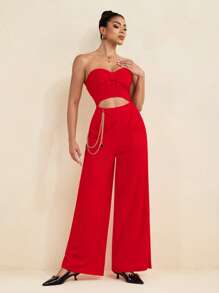 PHXTHREADS Red Strapless Gold Chain Cut Out Wide Leg Jumpsuit For Women Summer Outfit Vacation Holiday - Red - View 4